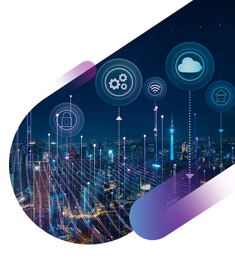 a cityscape at night showing multiple tech-related icons floating above the buildings.