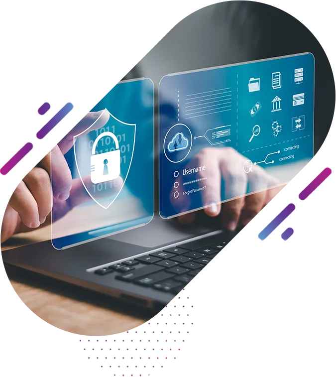 holographic interfaces float above a laptop while it's user clicks on a shield icon with a lock in the middle, illustrating cybersecurity