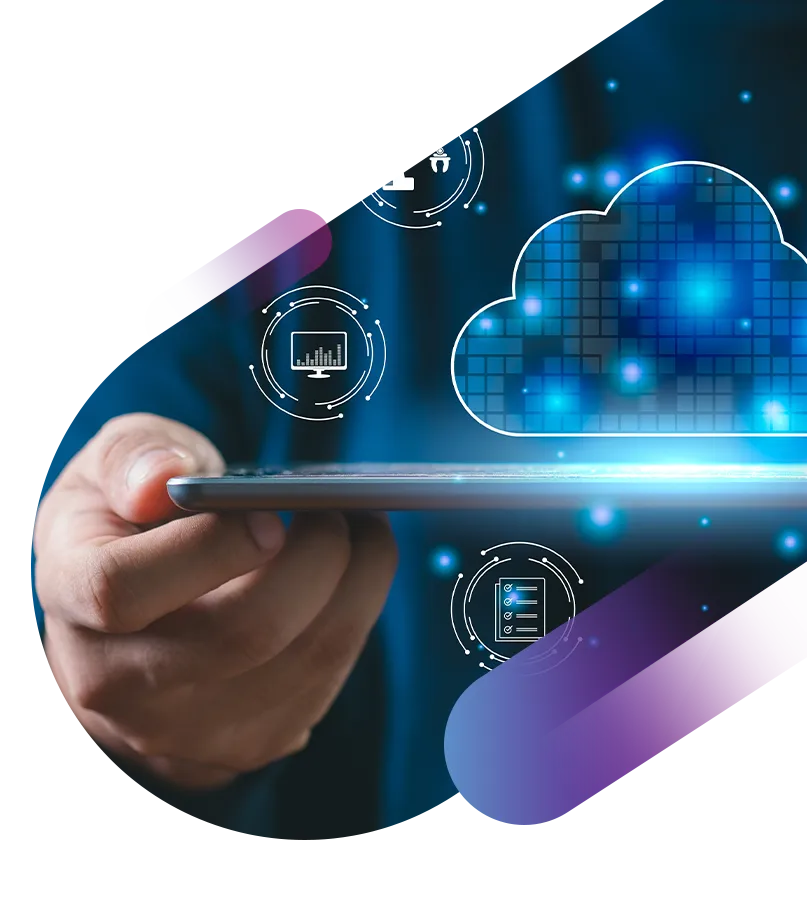 close of of a man holding a tablet while multiple tech-related graphics float around it. A large cloud icon is centric