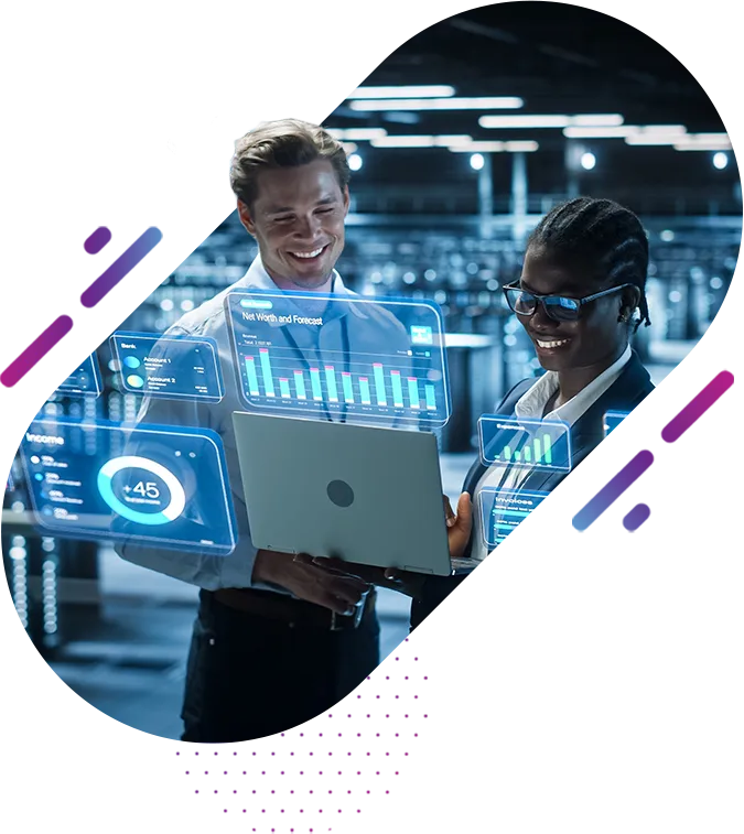 a man and a woman standing in a server room, smiling at a laptop that has multiple holographic screens around it detailing analytics