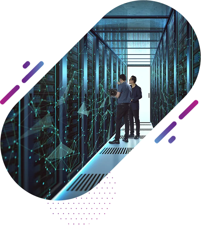 two men work in a clean, futuristic server room