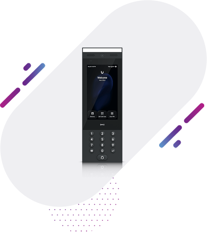 Modern black access control device with touchscreen interface and numeric keypad, displayed on a white background with purple and blue abstract accents.