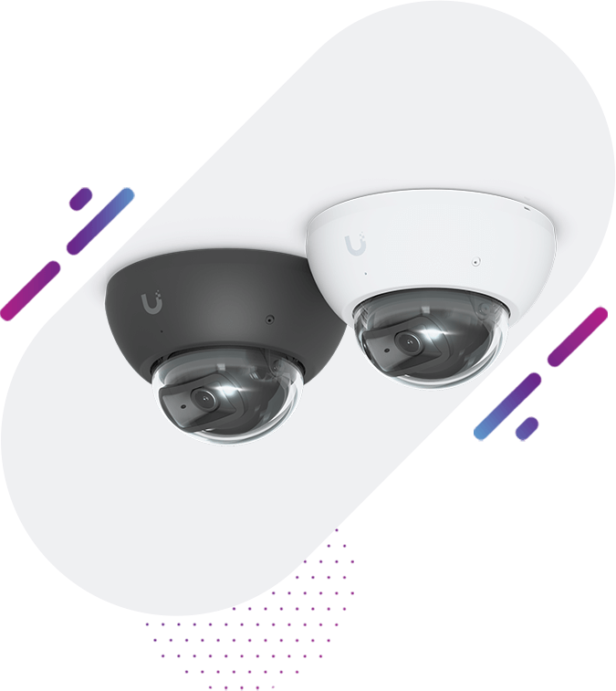 wo dome security cameras, one black and one white, mounted side by side against a white background with abstract purple and blue graphic elements.